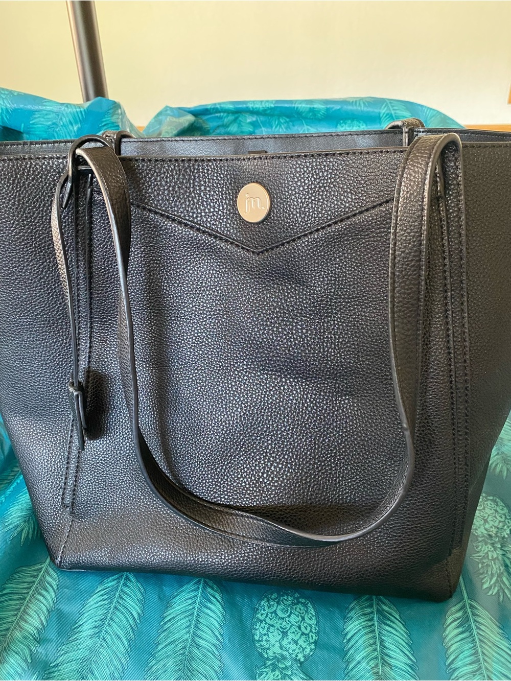 JM Collection Black Pebbled Tote with Gold Logo
